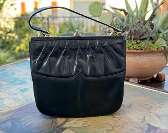 Black leather clutch bag 1970s vintage  kss lock bag, evening clutch purse.