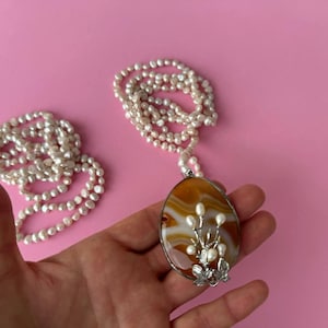 Extra long necklace agate pendant on long pearl necklace vintage necklace pendant art nouveau , art deco jewelry.