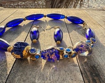 Murano glass necklace.Royal blue gols beaded necklace.Choker Necklace and earrings set.