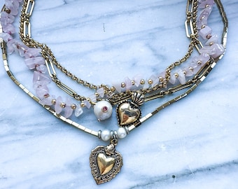 Sacred heart  necklace rose quartz choker layered necklace set.   Hematite choker set