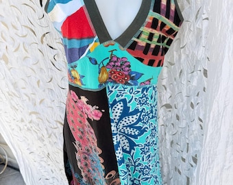 DESIGUEL patchwork printed dress, Y2K  vintage 2000s. Deep V neckline color block dress. size L