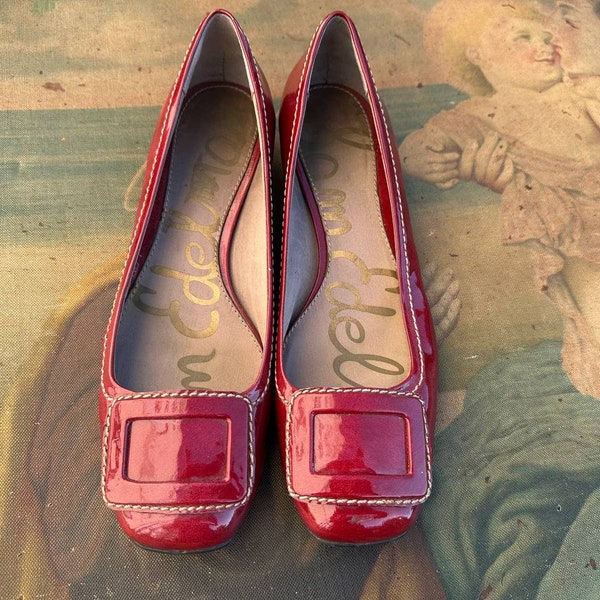 Vintage Red burgundy shoes Sam Edelman patent leather shoes low heel size 9 1/2 US, 41  eu. Italian designer shoes.