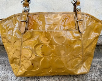Vintage Signature Coach Bag with Number. Mustard Yellow Patent Leather Bag