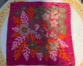 Vintage pink floral  Scarf,  square silk scarf, bright scarf 1970s vintage.