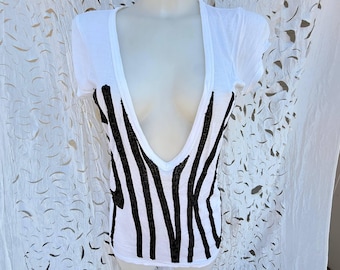 White PINKO top 2000s. Deep V neck  Y2k fashion disko top size S.