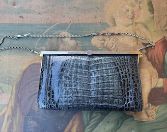 Vintage Schlangenleder Clutch, Schwarze Python Print Italienische Lederhandtasche