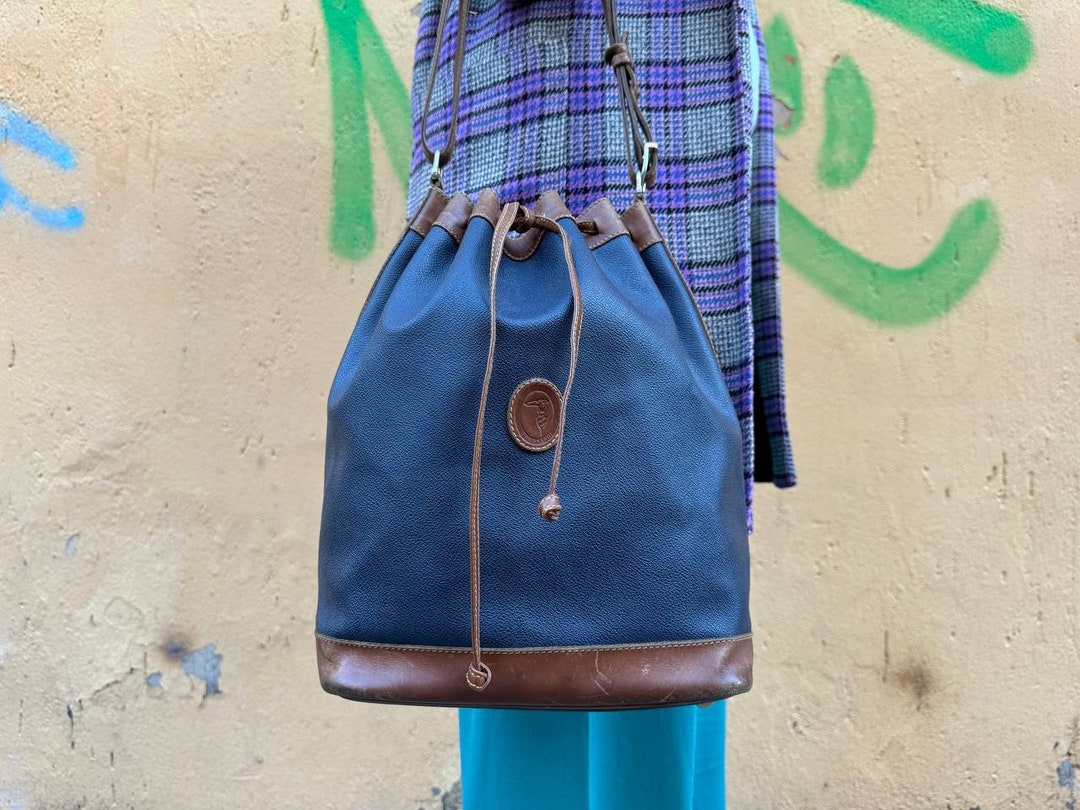 Vintage Trussardi Bucket Bag Bag 1980s, Black Canvas Tote Bag and