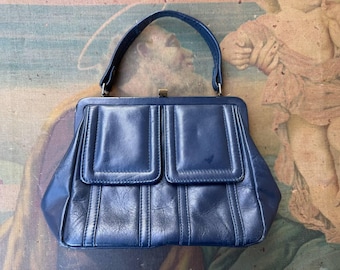 1970s Vintage Navy Leather Satchel Bag, Italian Style