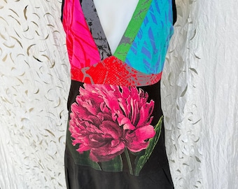 DESIGUAL floral  printed dress, Y2K  vintage 2000s. Deep V neckline Patchwork dress. size L