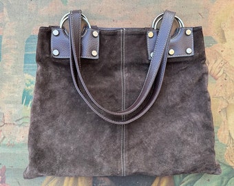 Vintage brown suede bag 1970s, Elegant handbag for woman. Top handle bag.