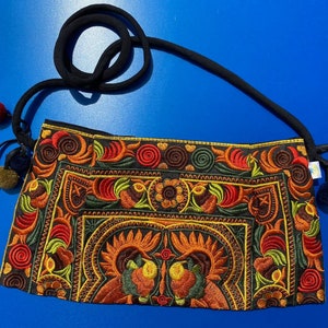 Hmong clutch, Pink floral purse hmong purse with pom pom purse.  small boho purse.  Hmong gift