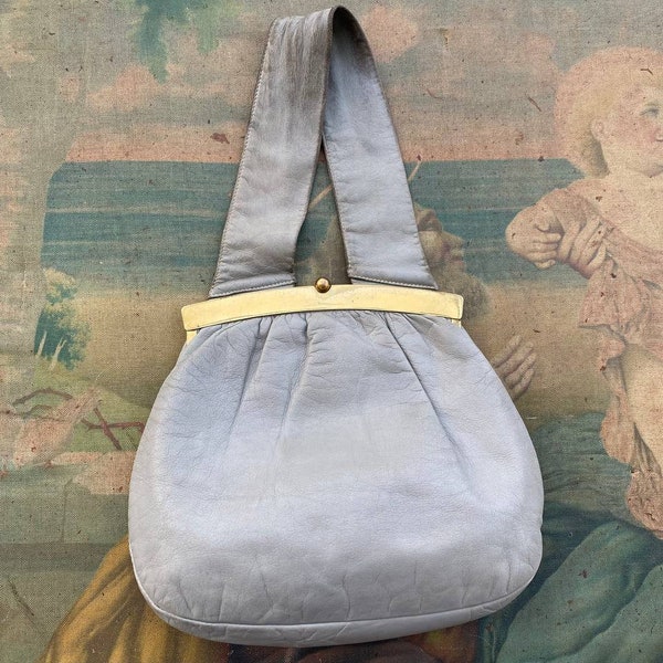 Light gray handbag 1940s vintage GOLDPFEIL, soft leather purse. Elegant evening bag wide handle .