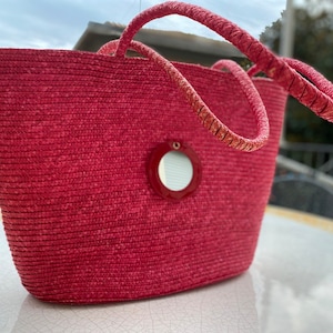 Pink straw bag large, straw handbag french market basket. moroccan basket with mirror. straw tote bag vintage.