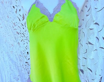 Guess Los Angeles Neon green lace top. Lingrerie slip top. Camisole Y2k, babydoll top 2000s fashion. Size M