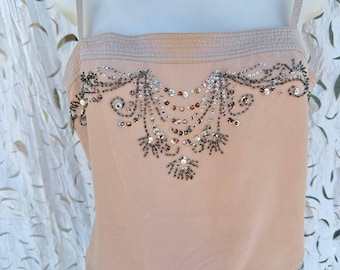 Vintage beige bead embroidery top , Camisole Tank Top.  Cami top with spaghetti strap. Y2k fashion