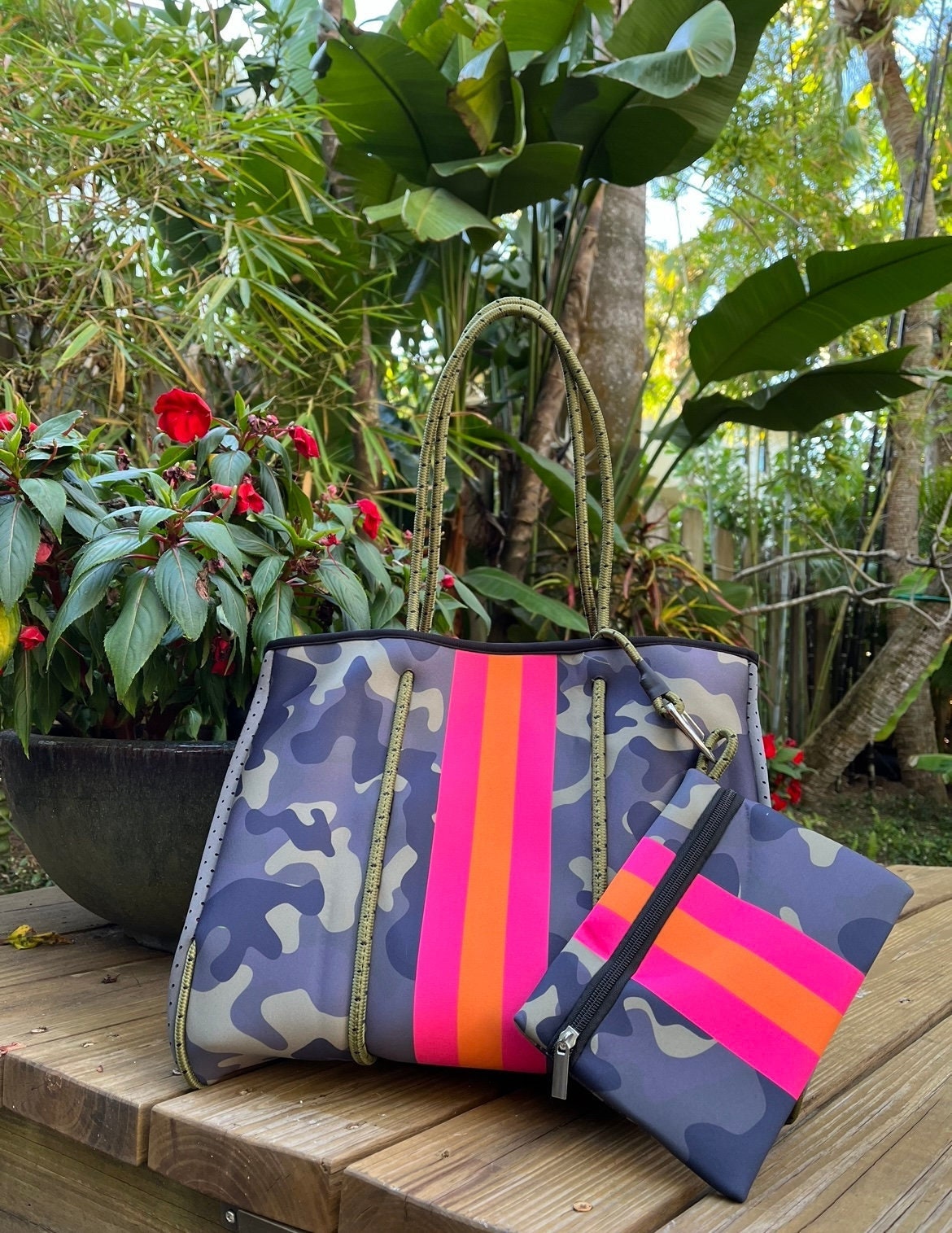 The Aniella Neoprene Tote - Green Camo/Pink/Orange