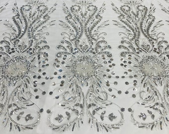 Beaded Lace Fabric Embroidered on 100% Polyester Net Mesh | Lace USA - GD-217138