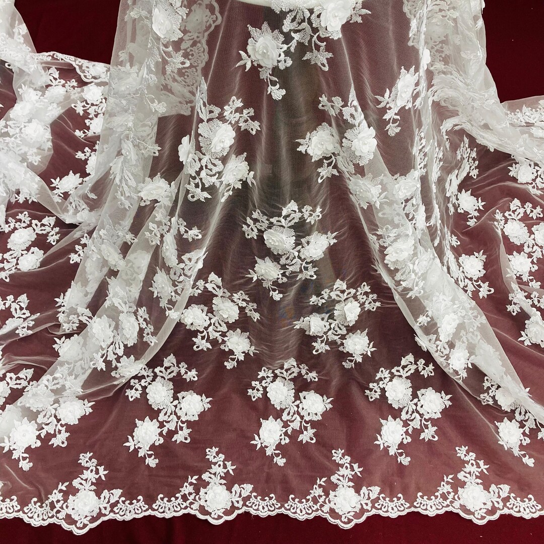 Beaded 3D Floral Lace Fabric Embroidered on 100% Polyester Net Mesh ...