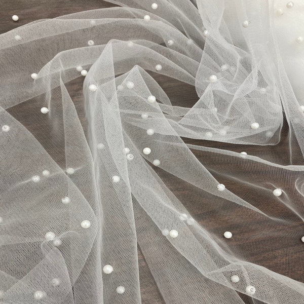 100% Polyester 2-Way Stretch Net Mesh Fabric with Scattered Pearls | Lace USA - Net Pearl