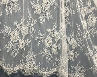 Beaded Chantilly Embroidered Lace Fabric with Eyelash Scallop | Lace USA - 68139W-BP