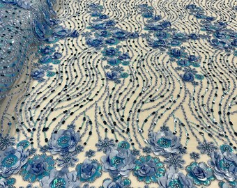 Beaded and Sequined 3D Floral Sparkling Lace Fabric Embroidered on 100% Polyester Net Mesh | Lace USA - GD-2212