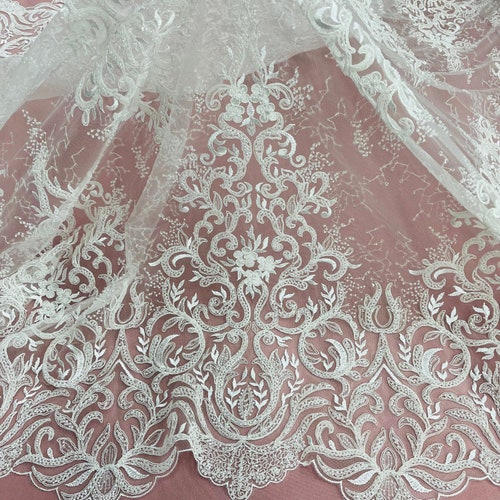 Beaded & Corded Bridal Lace Fabric shops Embroidered on 100% Polyester Net Mesh | Lace USA