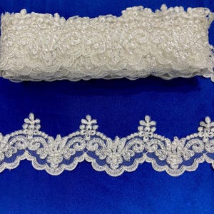 Beaded & Corded Lace Trimming Embroidered on 100% Polyester Net Mesh | Lace USA - KZ-34W-SB