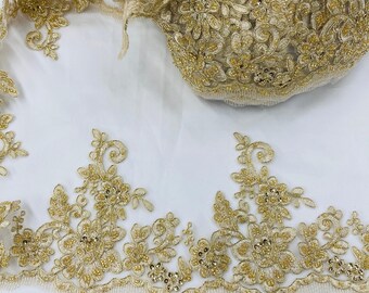 Beaded & Corded Floral Lace Trimming Embroidered on 100% Polyester Net Mesh | Lace USA - 96441W-HB