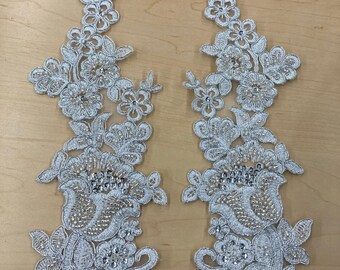 Beaded & Corded Floral Lace Applique Embroidered on 100% Polyester Net Mesh | Lace USA - 97171W-HB