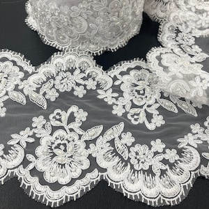 Bridal & Baptism Lace Trim – Beaded Floral Embroidered Corded Lace | Double Sided Lace for Veils, Gowns, Communion | Lace USA - 95377W/2-BP