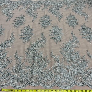 Beaded & Corded Bridal Lace Fabric Embroidered on 100% Polyester Net Mesh | Lace USA - 97212W-SB