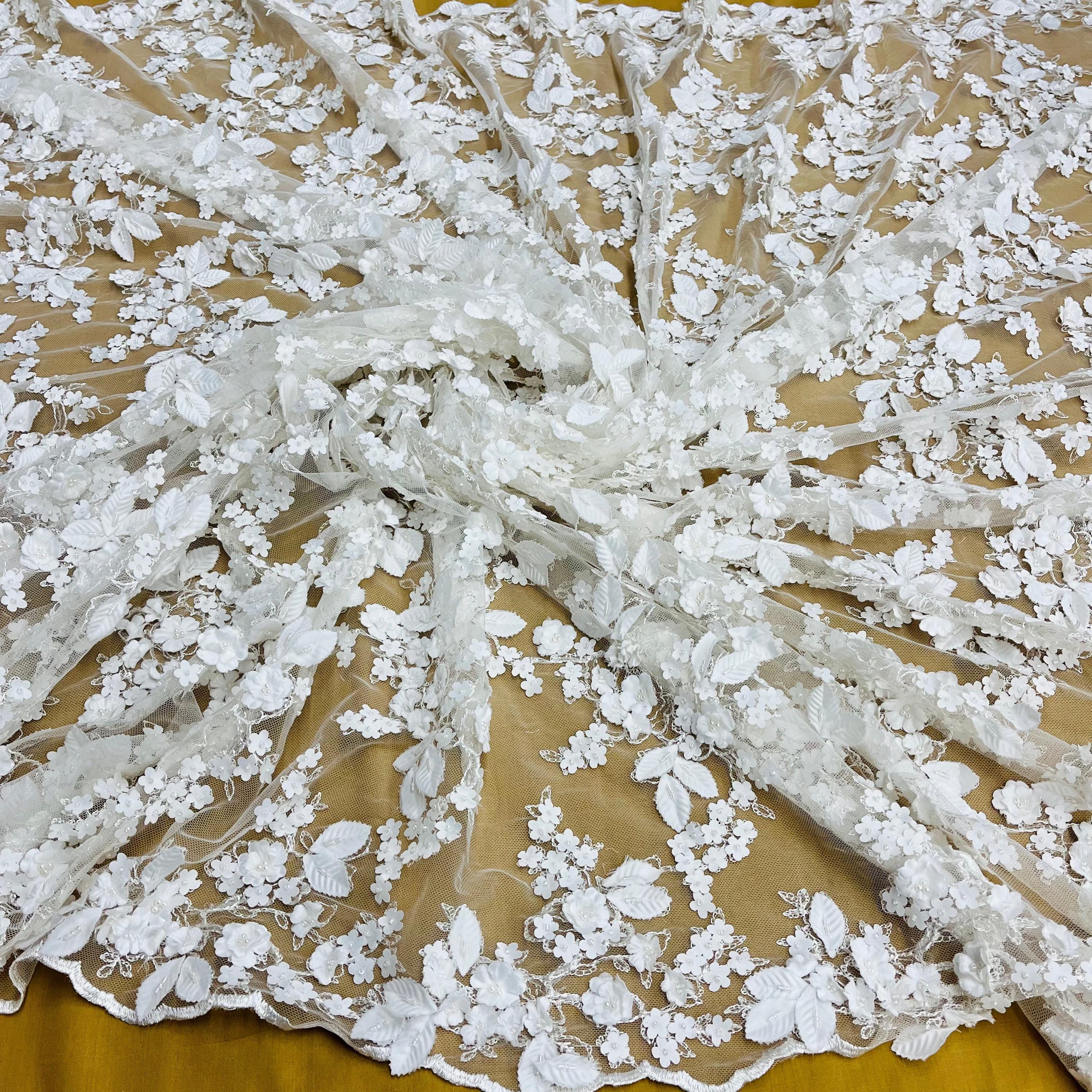 Beaded 3D Floral Lace Fabric Embroidered on 100% Polyester Net Mesh ...