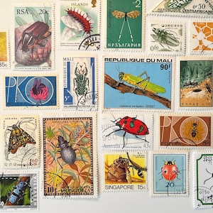 May include: A collection of vintage postage stamps featuring various insects, including butterflies, beetles, and grasshoppers. The stamps are from different countries, including Nicaragua, Australia, and Singapore. The stamps are in good condition and would be a great addition to any stamp collection.