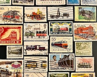 TRAINS & RAILWAY Stamp Fun Pack: 25 Used Random World Train Vintage Stamps // Scrapbooking, Journaling