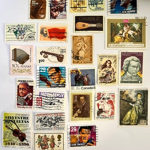 May include: A collection of vintage postage stamps featuring musical themes. The stamps are from various countries, including New Zealand, Canada, India, Yemen, France, Poland, USA, and Portugal. The stamps depict musical instruments, musicians, and musical notes.