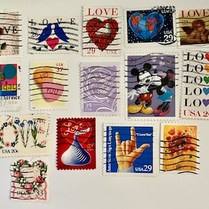 15 Stamp LOVE Fun Pack // Random Lot of 15 Premium Used World Stamps // Scrapbooking, Art Projects, Journaling