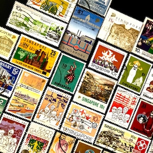 May include: A collection of vintage postage stamps from Singapore. The stamps feature a variety of designs, including buildings, people, and animals. The stamps are in different colours and sizes. Some of the stamps have text on them, such as "Singapore" and "10c".