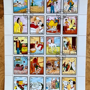 Venti (20) francobolli Disney CTO di 101 DALMATIANS da Fujeira 1972 / Cartoon / Crudelia Deville / Cani / Pongo / Eremiti Arabi Uniti / Emirati Arabi Uniti
