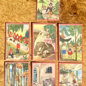 Lot von sieben (7) Märchen des deutschen Bruders Grimm UNBENUTZT Vintage Postkarten / Postkartentausch / Disney / Schneewittchen / Aschenputtel
