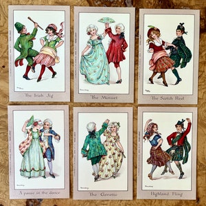 Lote de seis (6) danças do passado cartões postais vintage NÃO UTILIZADOS por Florence Hardy / Postcard Exchange / Irish Jig / Highland Fling / Gavotte