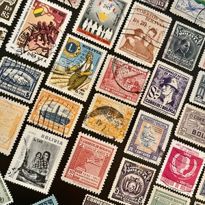 May include: A collection of vintage postage stamps from Bolivia. The stamps feature various designs, including a man in a hat, a plane, a building, and a group of people. The stamps are in various colors, including red, blue, green, and yellow.