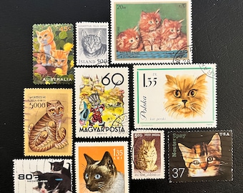 CAT LOVER Stamp Fun Pack: 25 Used Random Cat Vintage Stamps / Scrapbooking, Journaling