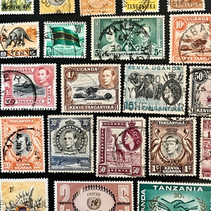 May include: A collection of vintage postage stamps from Kenya, Uganda, and Tanzania. The stamps feature various designs, including animals, people, and landscapes. Some of the stamps are in mint condition, while others show signs of wear and tear.