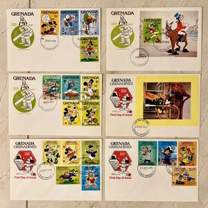 Lote de seis (6) capas do primeiro dia da Disney de Granada e Granadinas / 1979 / Mickey / Minnie / Pateta / Pato Donald / Plutão / Beisebol / Críquete