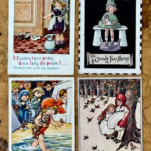 Lotto di quattro (4) cartoline vintage NON UTILIZZATE per bambine / Scambio di cartoline / Cappuccetto Rosso / Goody Two Shoes / Bulldog / Baby / Nursery