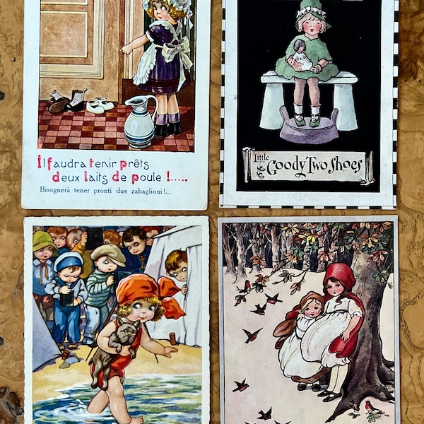 Lot of Four (4) Little Girls UNUSED Vintage Postcards / Postcard Exchange / Red Riding Hood / Goody Two Shoes / Bulldog / Baby / Nursery