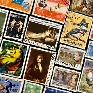 Puede incluir: Una colección de sellos postales antiguos de Panamá. Los sellos presentan una variedad de temas, incluyendo un retrato de Sir Winston Churchill, un satélite, un martín pescador, un gallo y una pintura de una mujer. Los sellos son de varios colores, incluyendo rojo, azul, verde y amarillo.