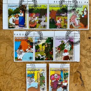 Neun (9) Rotkäppchen CTO Briefmarken aus PARAGUAY 1979 / Karikatur / Märchen / Wolf / Märchen / Südamerika