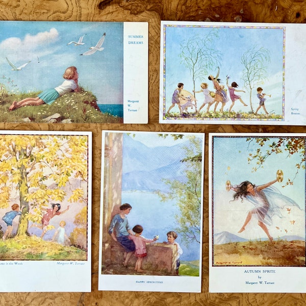 Lot of Five (5) UNUSED Vintage Season Postcards by Margaret W. Tarrant / Postcard Exchange / Journaling / Summer / Spring / Autumn / Fall