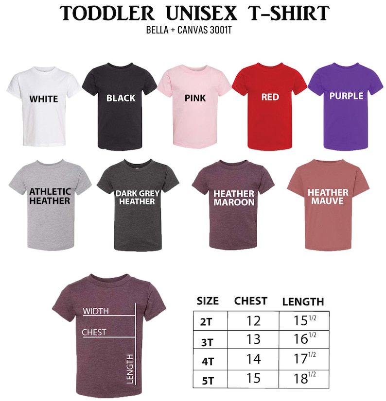 Puede incluir: Tabla de tallas de camiseta unisex para ni&ntilde;os peque&ntilde;os con medidas en pulgadas. La tabla muestra las medidas de pecho y largo para las tallas 2T, 3T, 4T y 5T. La tabla se muestra en una camiseta de color marr&oacute;n heather.